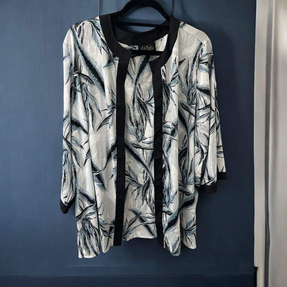 Bob Mackie Shrug 3/4 Sleeve Open Cardigan white blue floral plants leaves grey